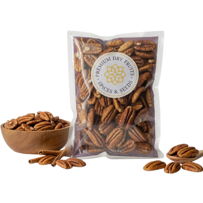Bag of pecans with a visible brand logo on a white background