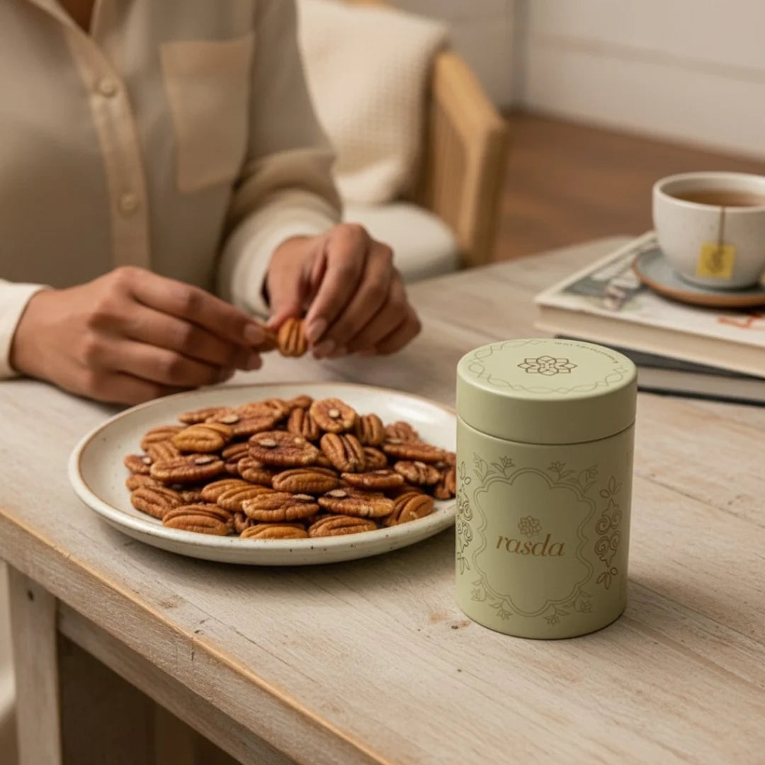 Premium Jumbo Pecan Nuts scattered on wooden surface – high-grade dry fruits