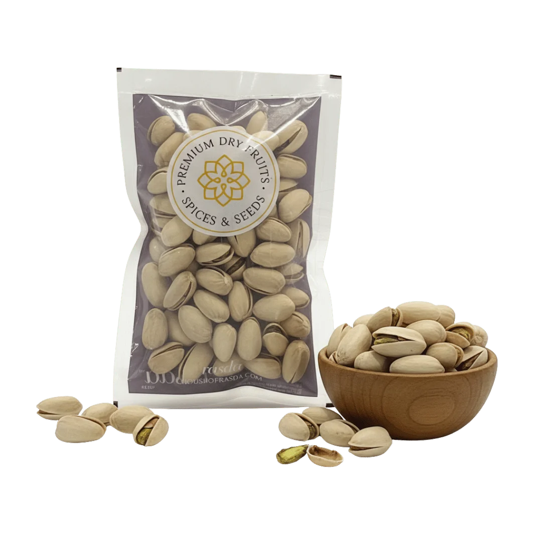 Pistachios (Pista) – In-Shell Roasted & Salted Premium Packed with Rasda Brand and Pistas in a wooden bowl on a white background