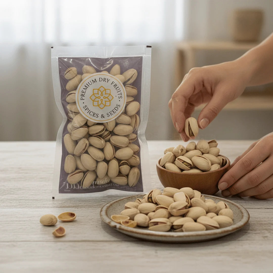 Pistachios (Pista) – In-Shell Roasted & Salted Premium on a wooden table.