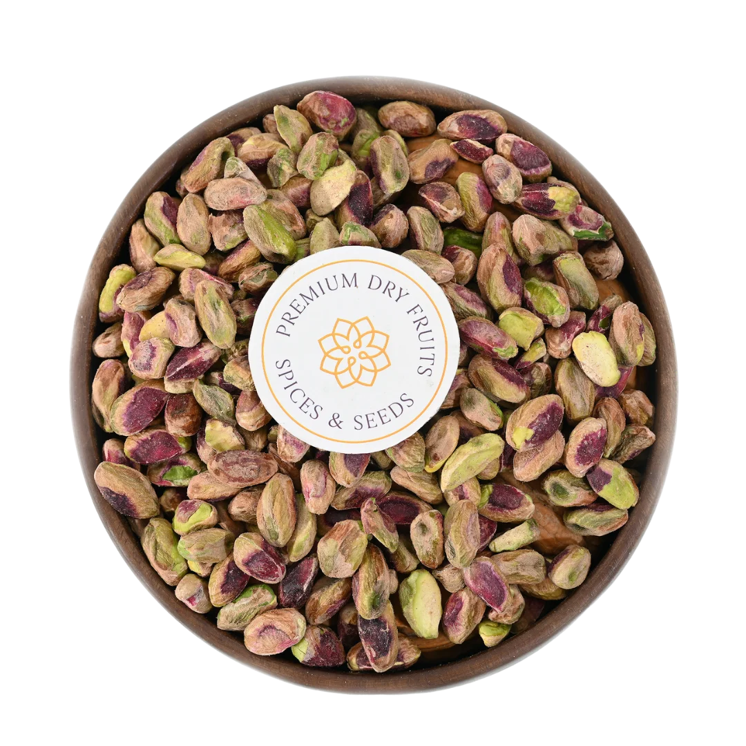 Choice Plain Pistachio Kernels in Wooden Bowl – Healthy Unsalted Snack Packed with Protein and Nutrients