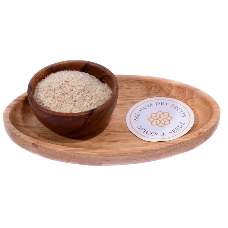 Psyllium Husk / Isabgol in a wooden bowl showcases fine, fibrous natural husks.