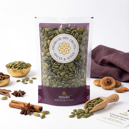 Packaged green pumpkin seeds with 'rasda' branding on a white background