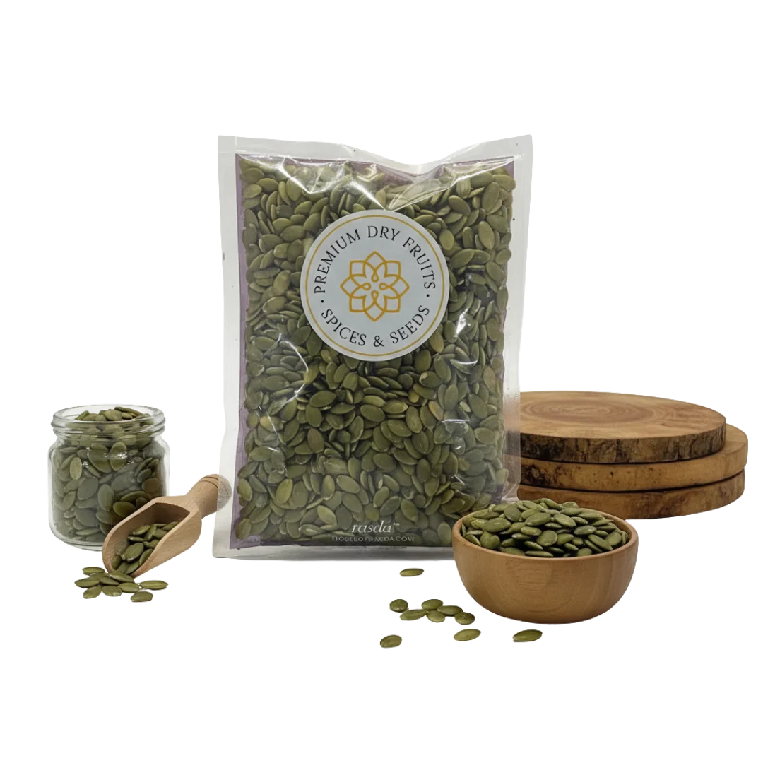 Premium pumpkin seeds packet with wooden bowl and scoop on black background – House of Rasda kaddu seeds