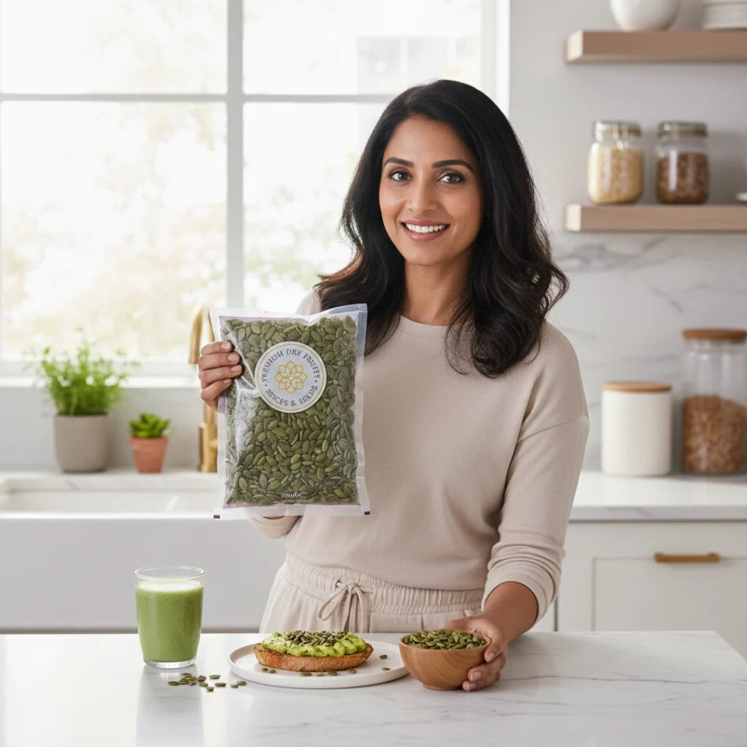 Woman holding premium pumpkin seeds packet in modern kitchen with healthy breakfast – House of Rasda