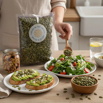 Premium pumpkin seeds added to avocado toast and fresh salad with packaged seeds in background – House of Rasda