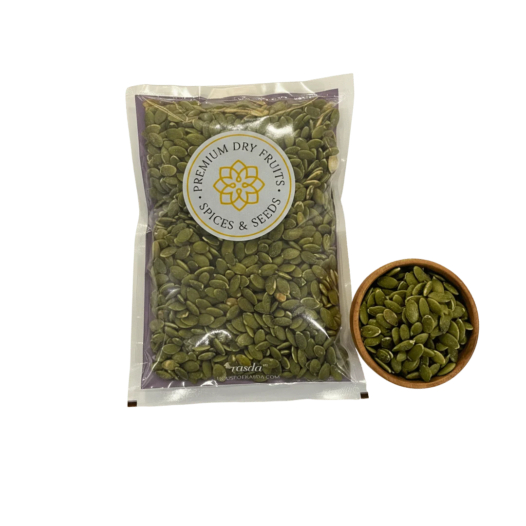 Premium pumpkin seeds packet with wooden bowl on background – House of Rasda kaddu seeds