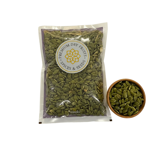 Premium pumpkin seeds packet with wooden bowl on background – House of Rasda kaddu seeds