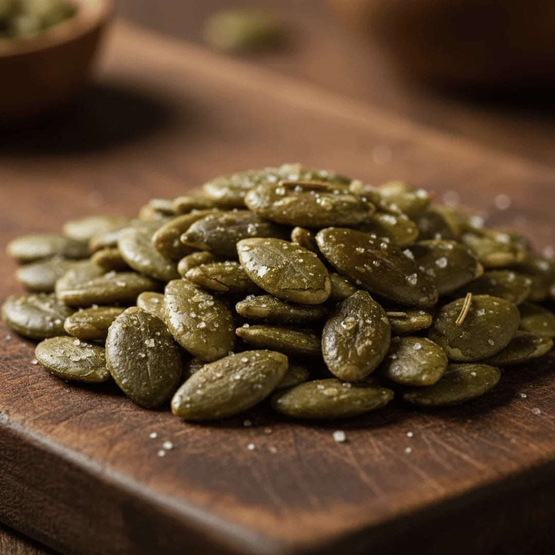 Salted roasted pumpkin seeds on wooden board – crunchy healthy kaddu seeds