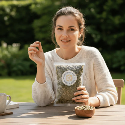 Woman enjoying premium pumpkin seeds outdoors holding Rasda kaddu seeds packet