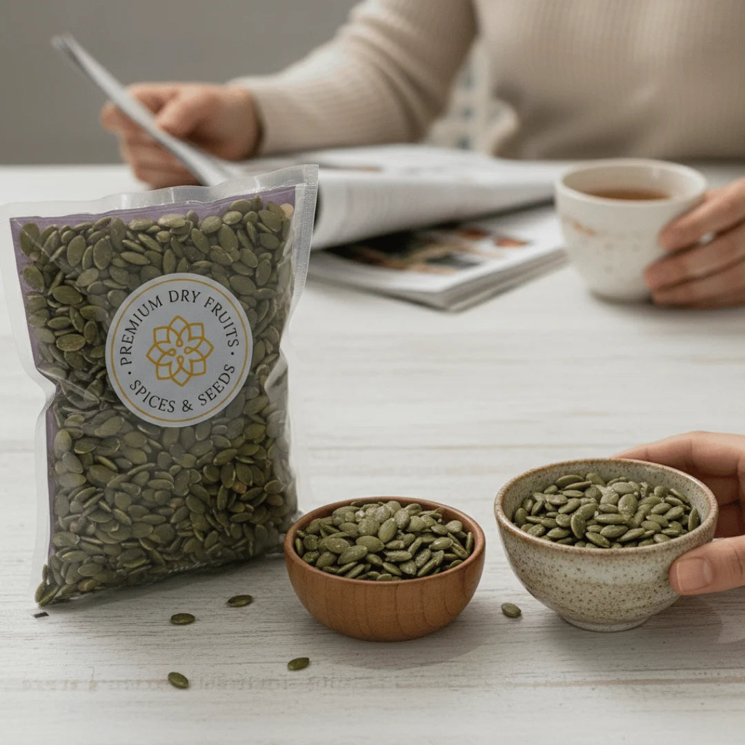 Premium Roasted and salted pumpkin seeds packet with wooden bowl on study table – House of Rasda kaddu seeds