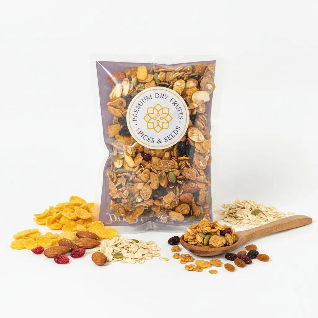 Packed Purely Muesli Honey Crunch Blend with oats, corn flakes, nuts and seeds.