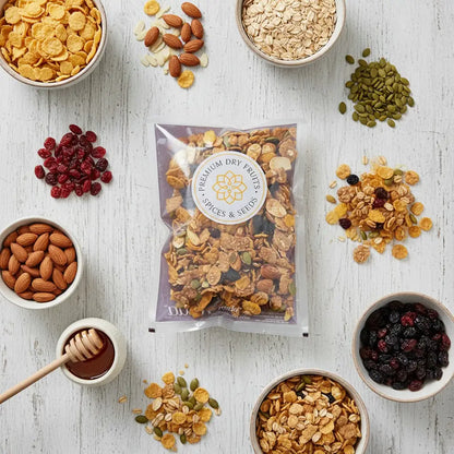 Close-up of Honey Crunch Purely Muesli showing crunchy oats, corn flakes and dried fruits
