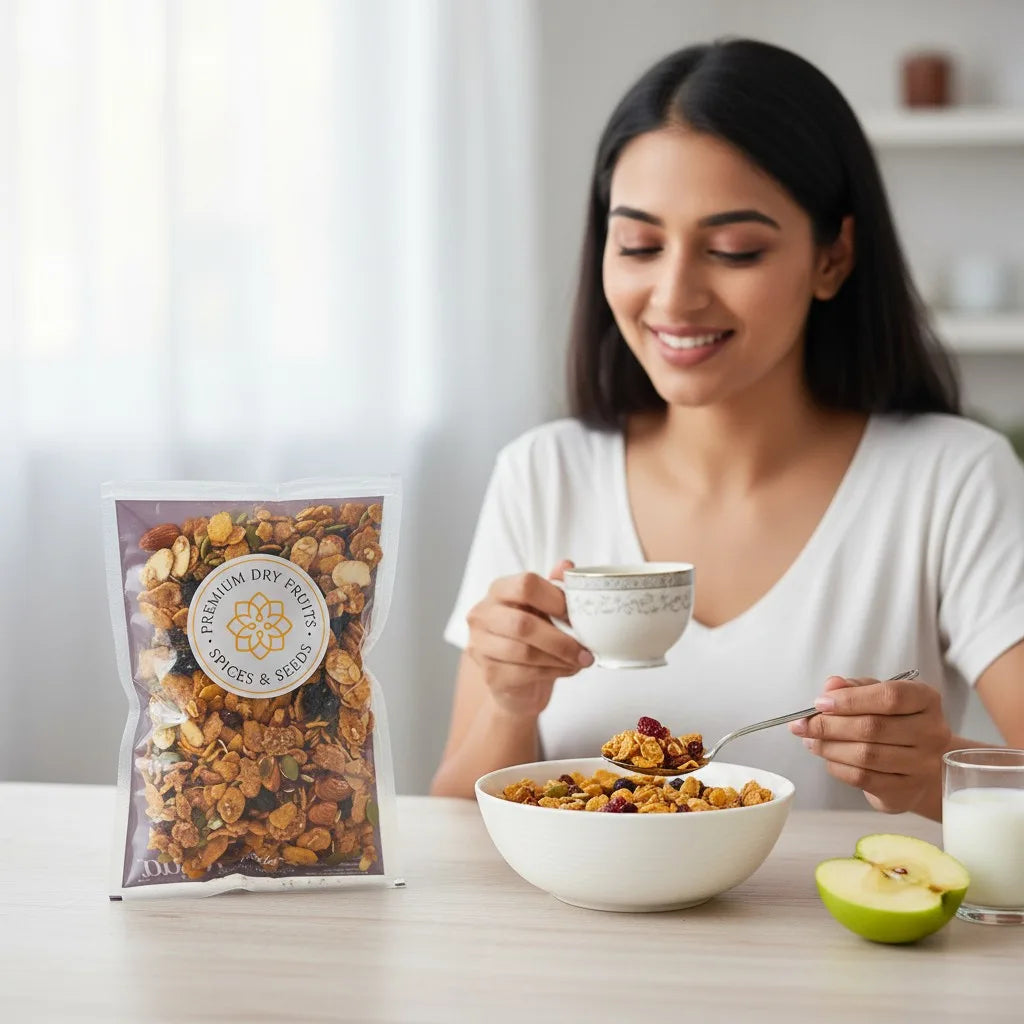 Healthy breakfast Purely Muesli Honey Crunch Mix served with milk and fresh fruits