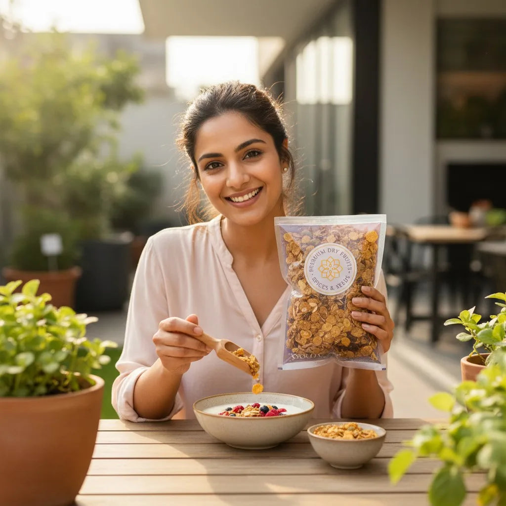 Pack of Purely Muesli Honey Crunch Oats & Corn Flakes Blend with ingredients displayed