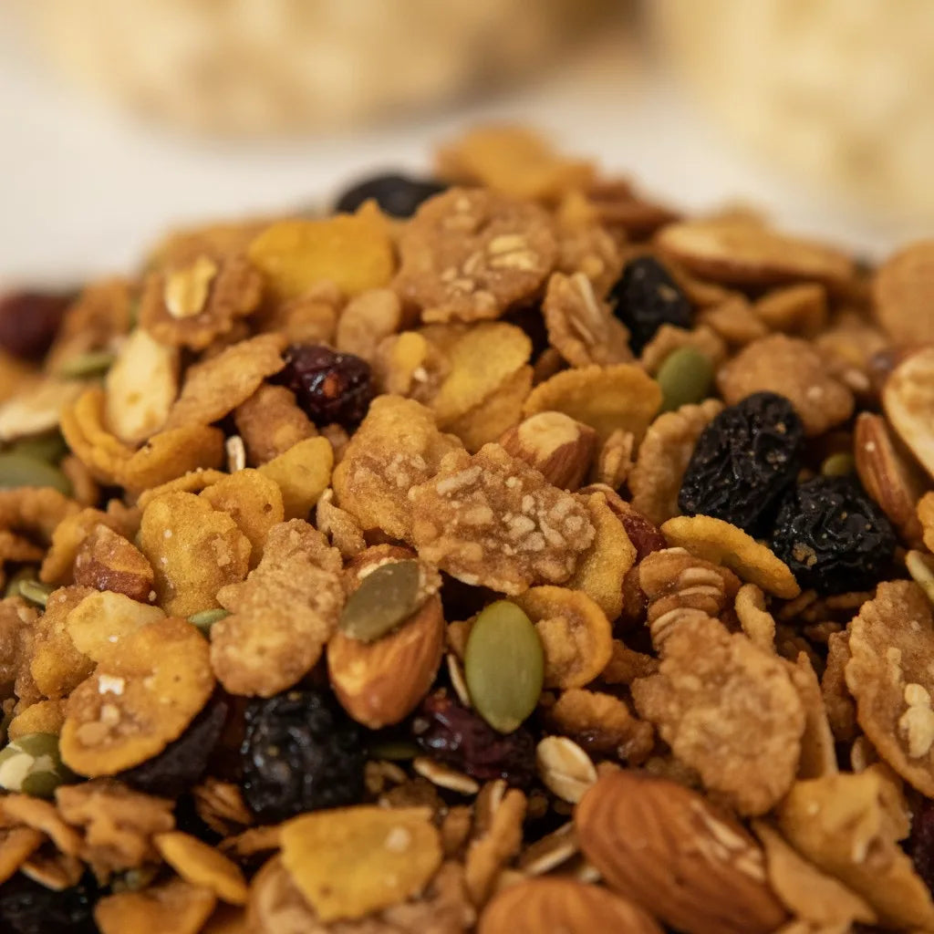 Close up look of Purely Muesli Honey Crunch nutritious blend featuring oats, corn flakes, honey clusters and nuts
