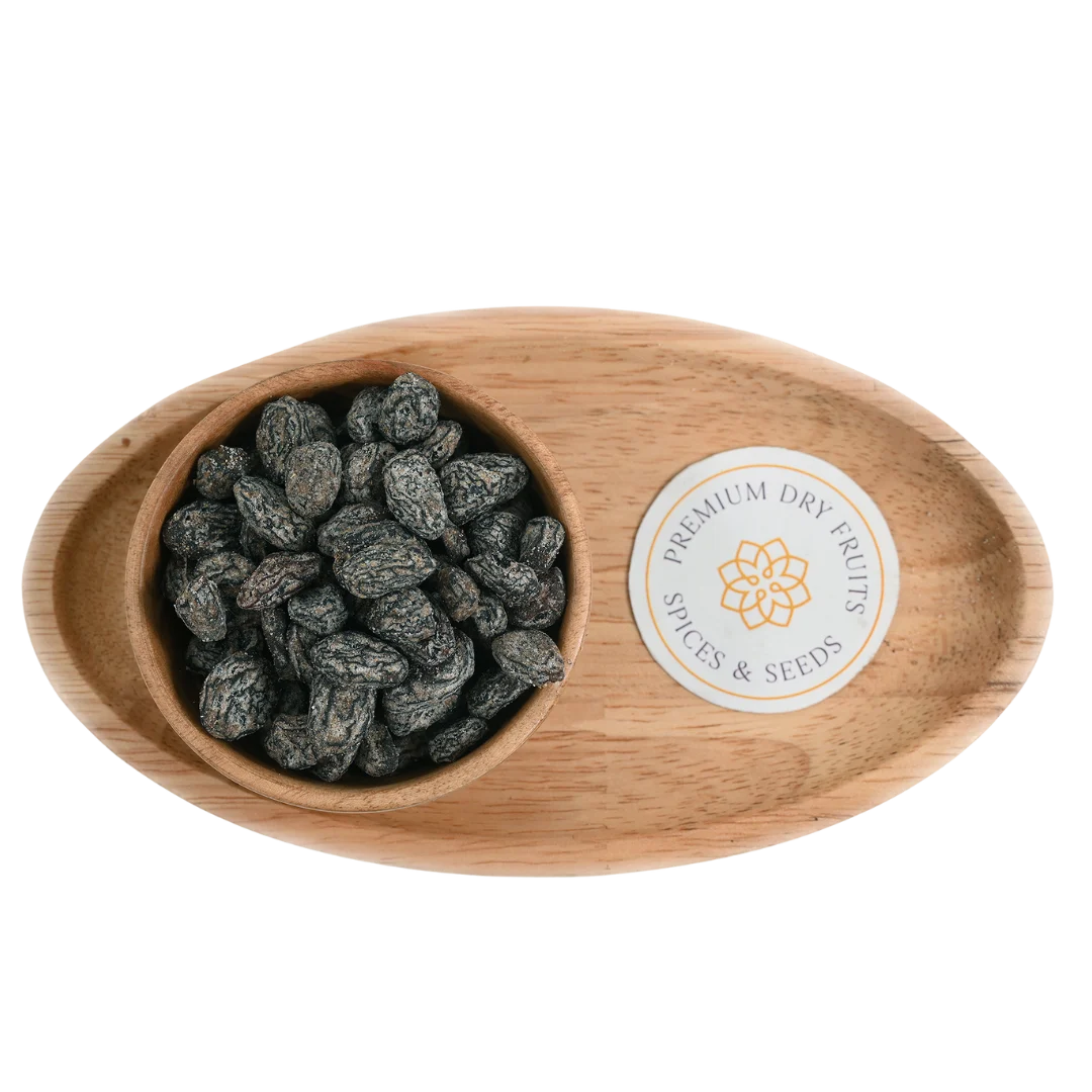 Premium Black Khatta Meetha Raisins or Kismis in Wooden Bowl – Delicious Sweet and Sour Snack Packed with Nutrition