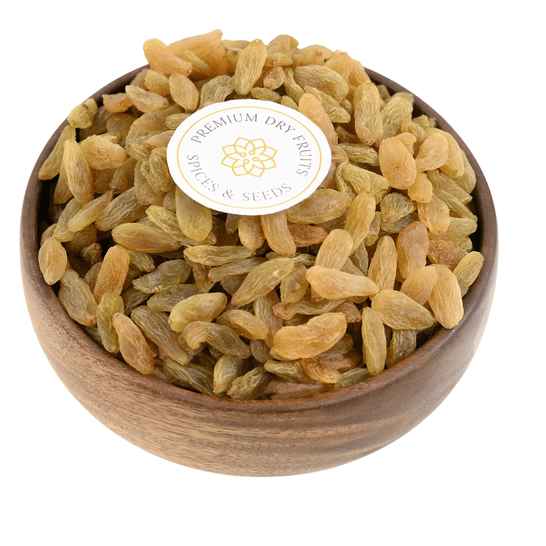 Raisins Kismis Long Premium Quality in Wooden Bowl – Naturally Sweet and Healthy Dry Fruit Rich in Iron and Fiber