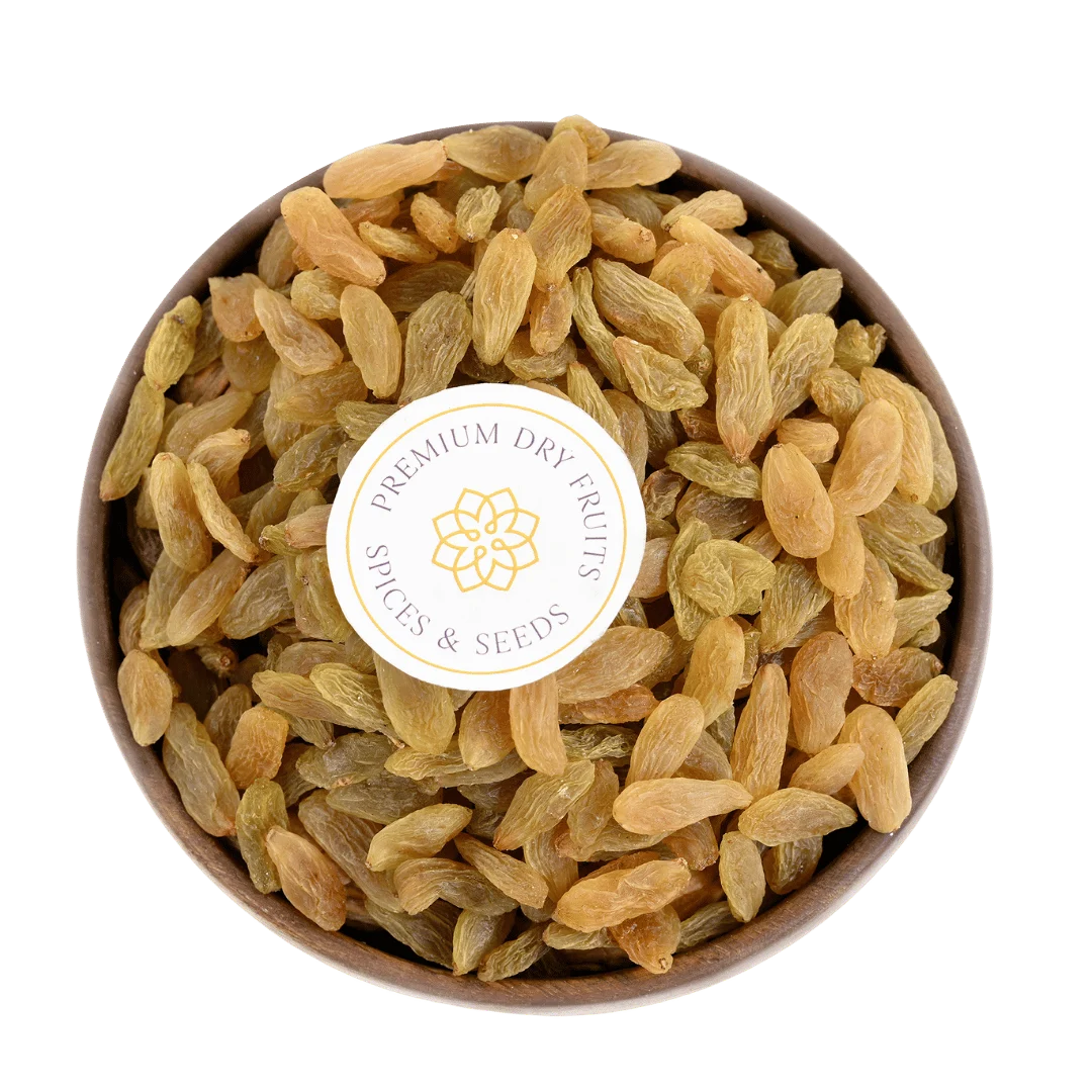 Premium Long Raisins or Kismis in Wooden Bowl – Fresh Golden Dry Fruit Packed with Energy and Antioxidants