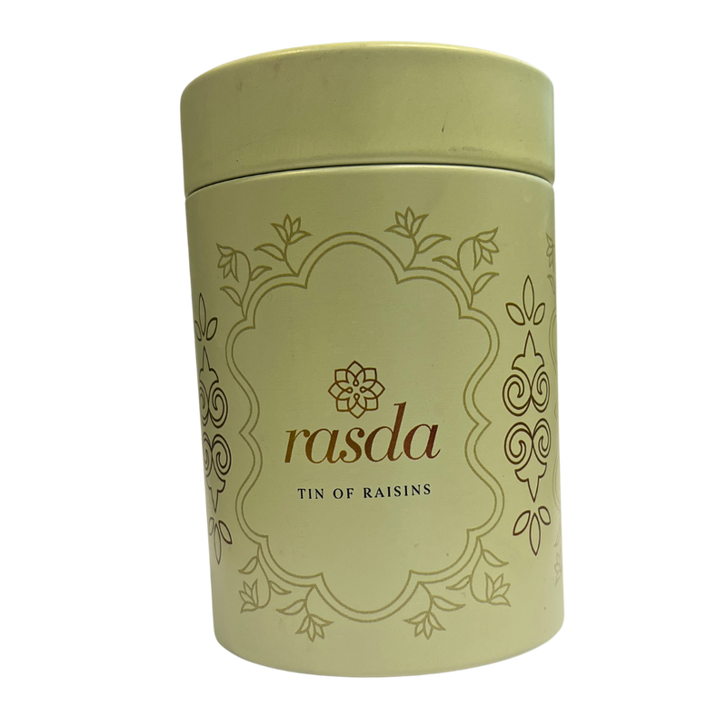 Premium quality raisins in a decorative tin container  perfect for gifting or personal snacking, from House of Rasda