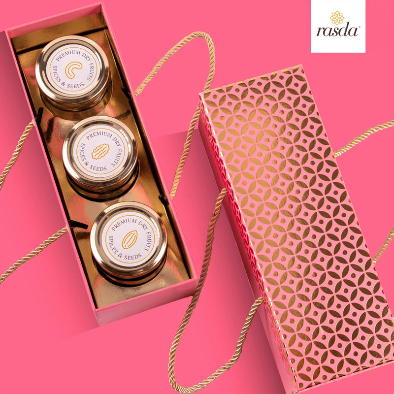 Three Pink Rajastha Gift Box with Handle – Assorted Dry Fruits Pack for Corporate and Festive Gifting