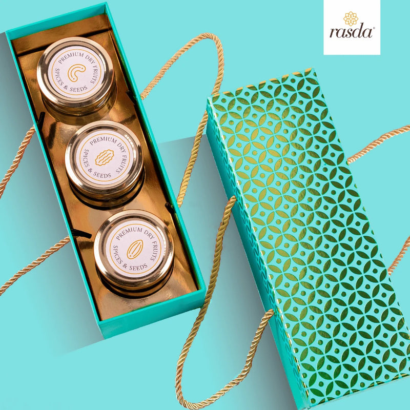 Teal Blue Rajastha Dry Fruits Gift Box with Handle – Elegant Packaging with Premium Quality Nuts and Dry Fruits