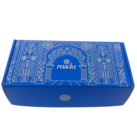 Rangana Blue box with white decorative patterns and 'rasda' branding on a white background