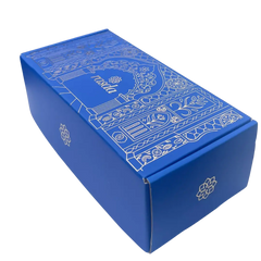 Blue decorative box with intricate white patterns on a white background