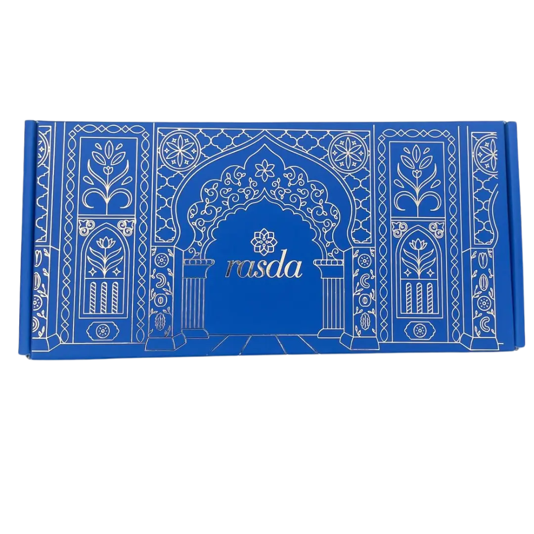 Blue box with intricate white patterns and 'rasda' branding on a white background