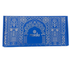 Blue box with intricate white patterns and 'rasda' branding on a white background