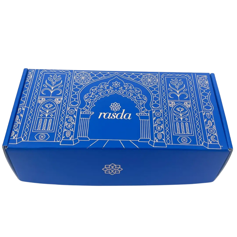 Rangana Blue box with white decorative patterns and 'rasda' branding on a white background