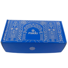 Rangana Blue box with white decorative patterns and 'rasda' branding on a white background