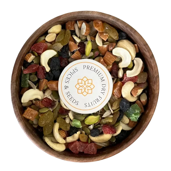 Power Path Mix by House of Rasda trail mix a nutritious blend of almonds, cashews, pistachios, raisins, pumpkin seeds, and watermelon seeds for energy and wellness.