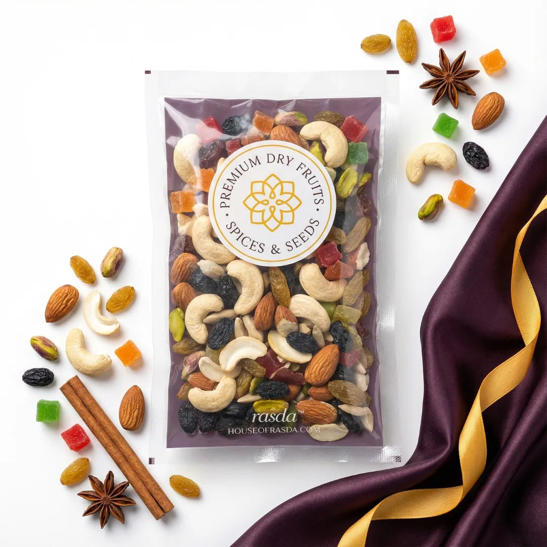 Packaged Trail Mix of premium dry fruits with spices and seeds on a white background
