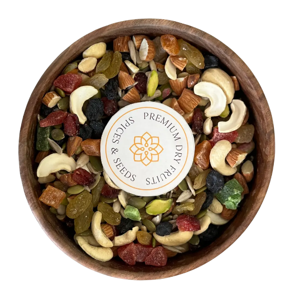 Power Path Mix by House of Rasda trail mix a nutritious blend of almonds, cashews, pistachios, raisins, pumpkin seeds, and watermelon seeds for energy and wellness.