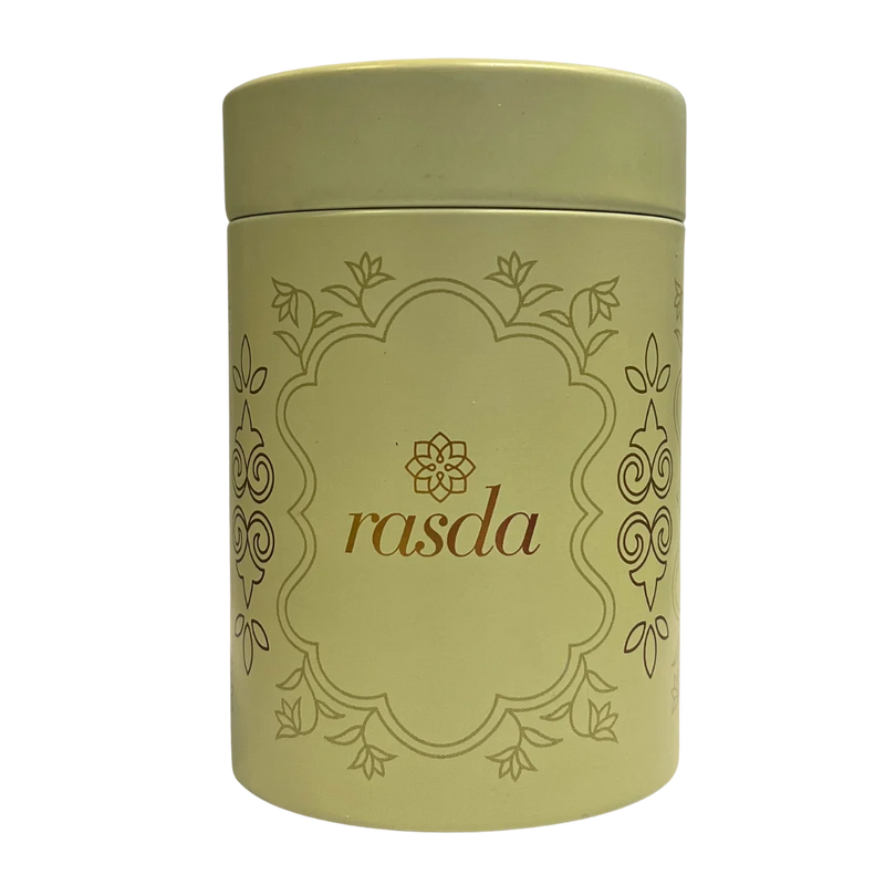 Rasda reusable tin container – elegant green cylindrical dry fruit storage box with floral design perfect for gifting and reuse