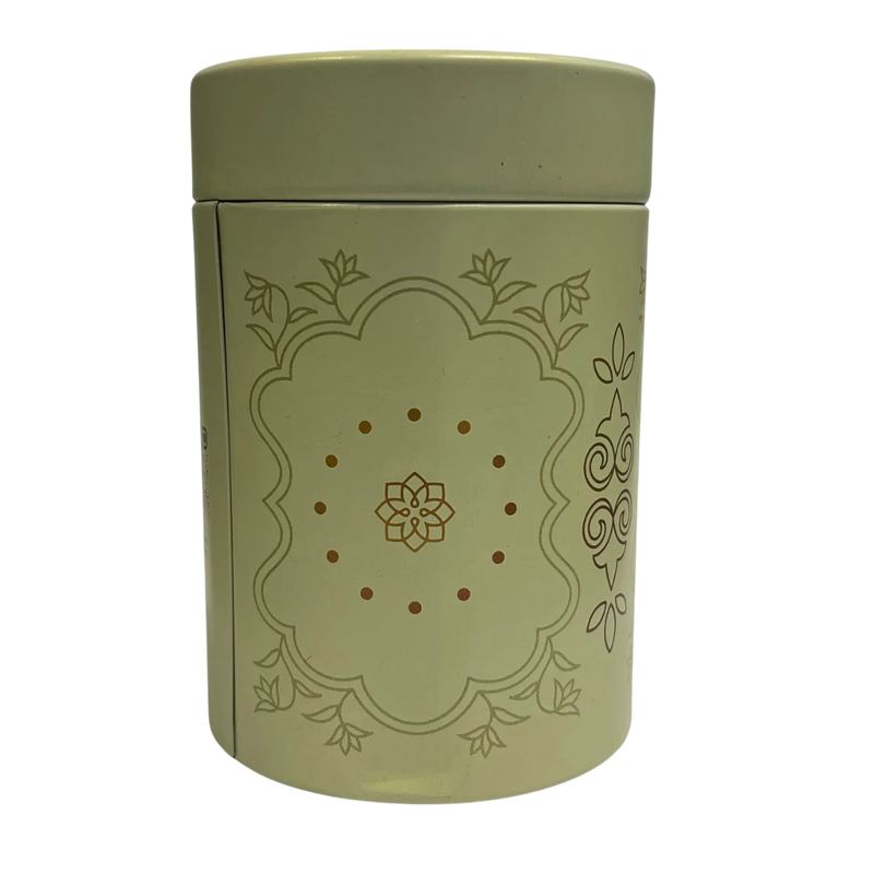 Premium Rasda reusable tin box – eco friendly packaging for dry fruits and nuts with intricate golden floral pattern