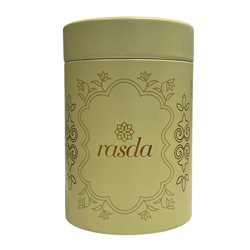 Green cylindrical container with 'rasda' branding on a white background
