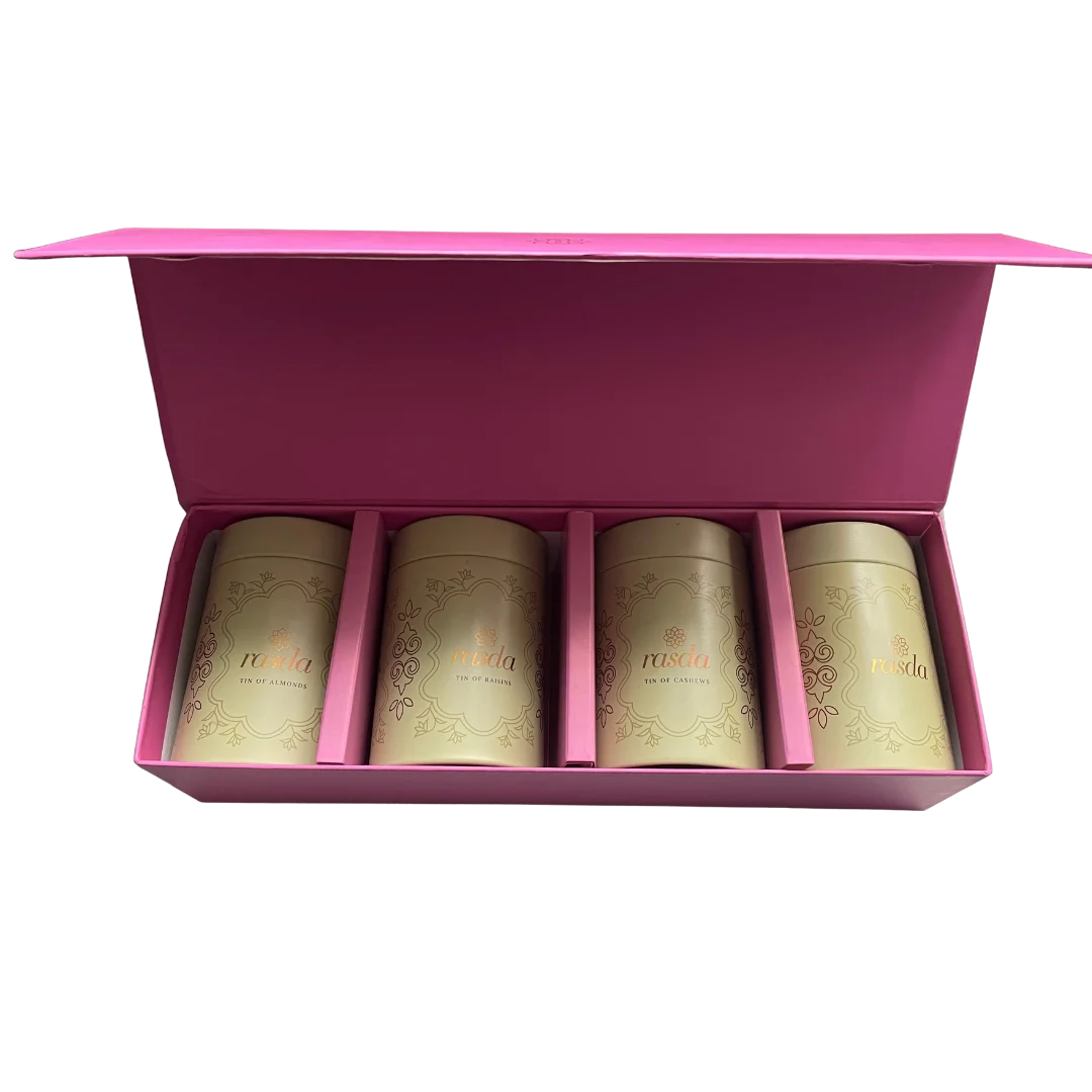 Rashmika Dry Fruit Gift Box – Open Tin: Premium Rashmika tin opened to reveal a colorful assortment of nuts and dry fruits