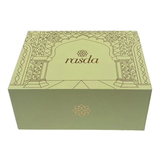 Green box with 'rasda' branding on a white background - Rasika Dry fruits Gift Box with Tins