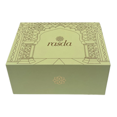 Green box with 'rasda' branding on a white background - Rasika Dry fruits Gift Box with Tins