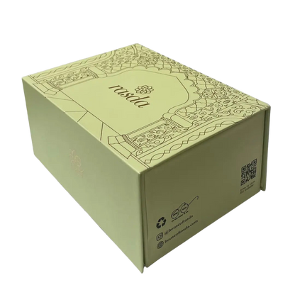 Green box with decorative design on a white background - Rasika Dry fruits Gift Box with Tins.
