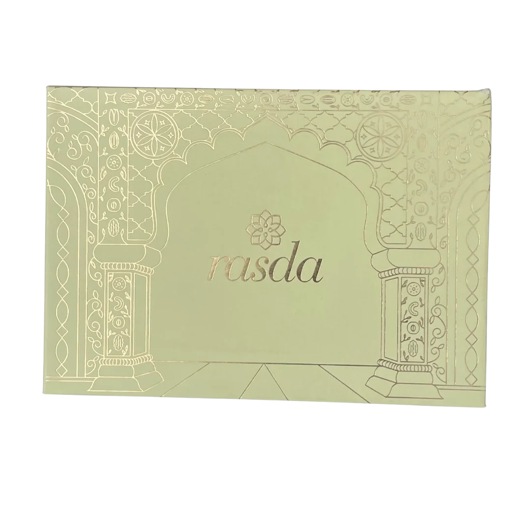 Green makeup palette with rasda branding on a white background - Rasika Dry fruits Gift Box with Tins