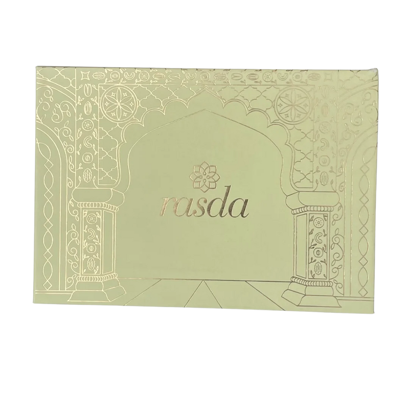 Green makeup palette with rasda branding on a white background - Rasika Dry fruits Gift Box with Tins