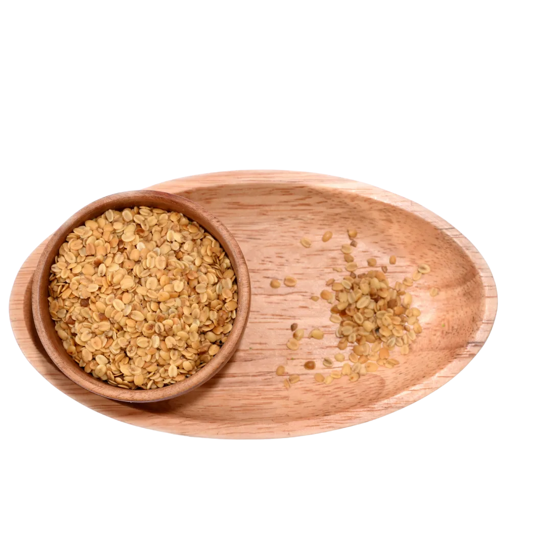 Crunchy Roasted Coriander Seeds or Dhana Dal in a wooden bowl, ideal for post-meal munching or spice blends.