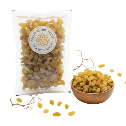 Packaged Round Raisins Premium with a visible brand label on a white background