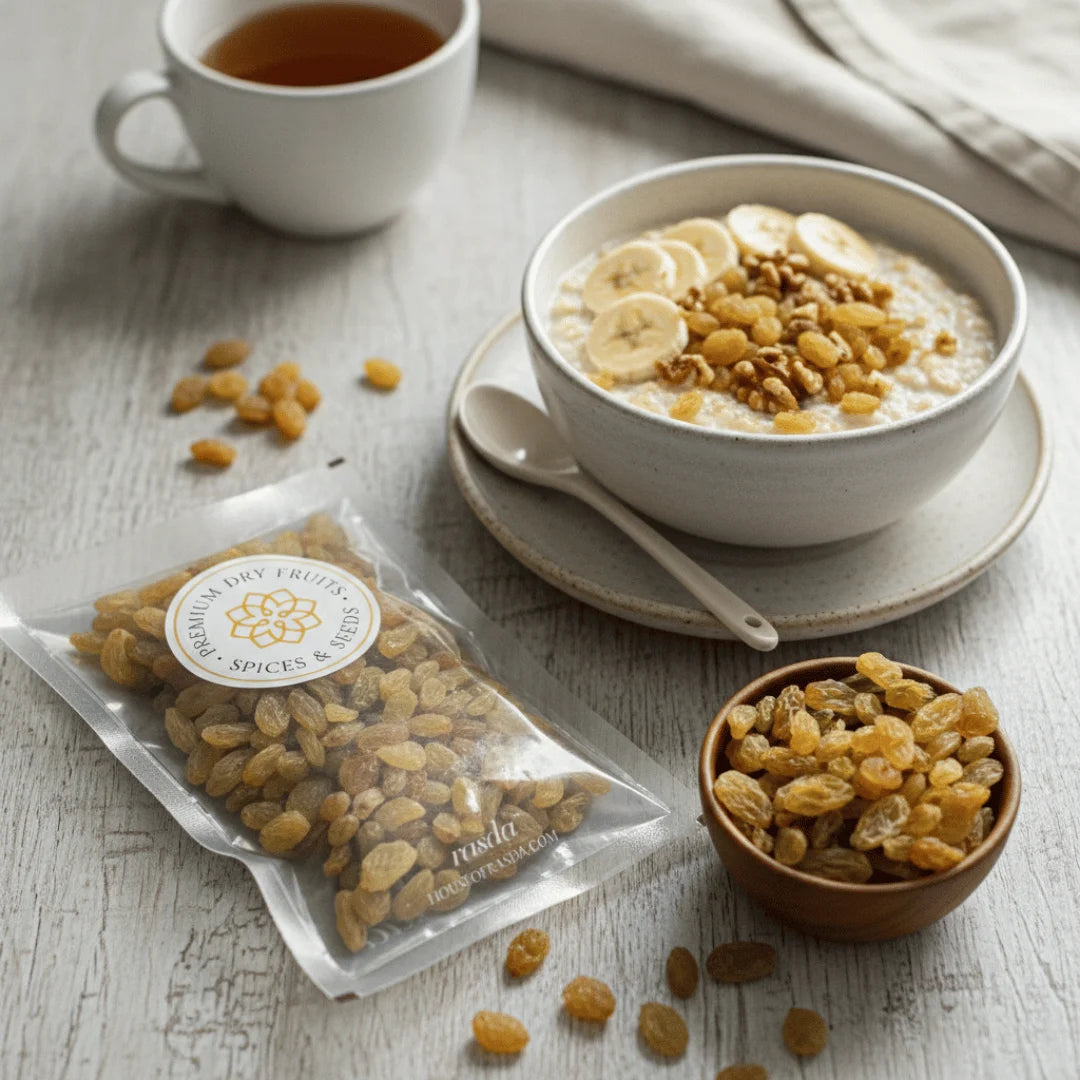 Oatmeal bowl with Round Raisins Premium, a package of spices, and a cup of tea on a wooden surface.