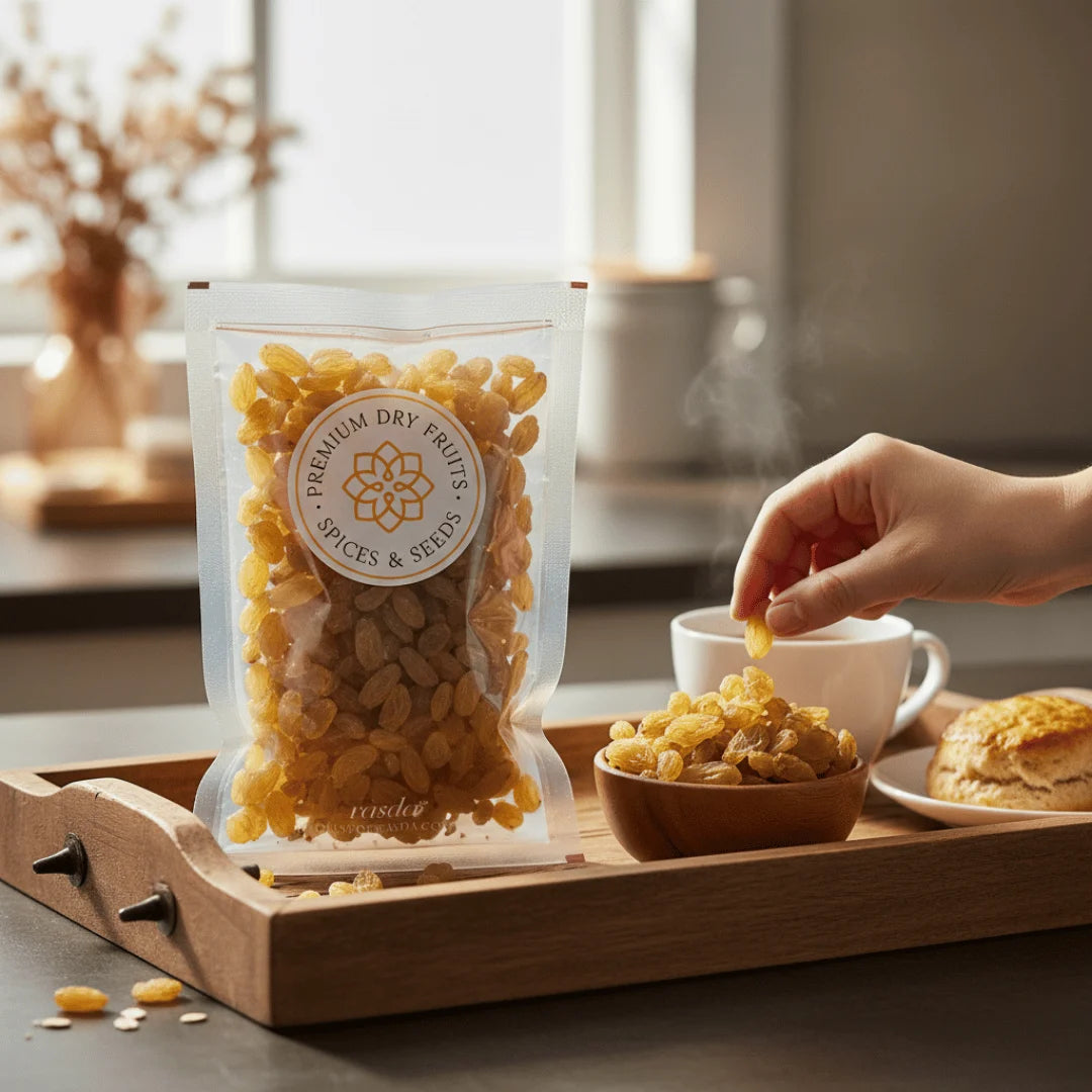 Round Raisins Premium on a wooden tray with a bowl of raisins and a cup in the background.