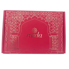 Red box with intricate patterns and 'rasda' branding - Rudira Dry fruits Gift Box Premium with Tins inside.