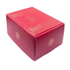 Red box with gold accents and a brand logo on a white background - Rudira Dry fruits Gift Box Premium with Tins inside.